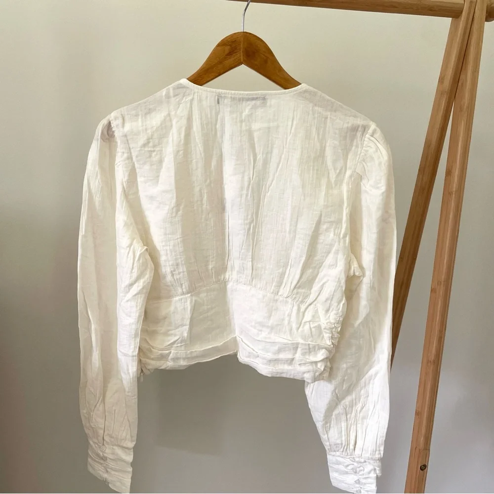 NWT Zara Embroidered Pleated V-neck Blouse in White - M